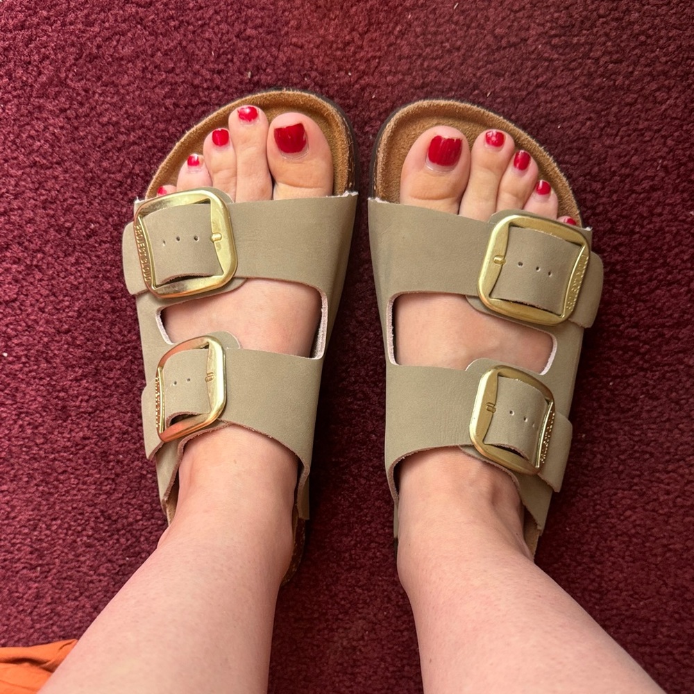 Women's Two-Strap Taupe Sandals with Gold Buckles - Picture 6 of 6